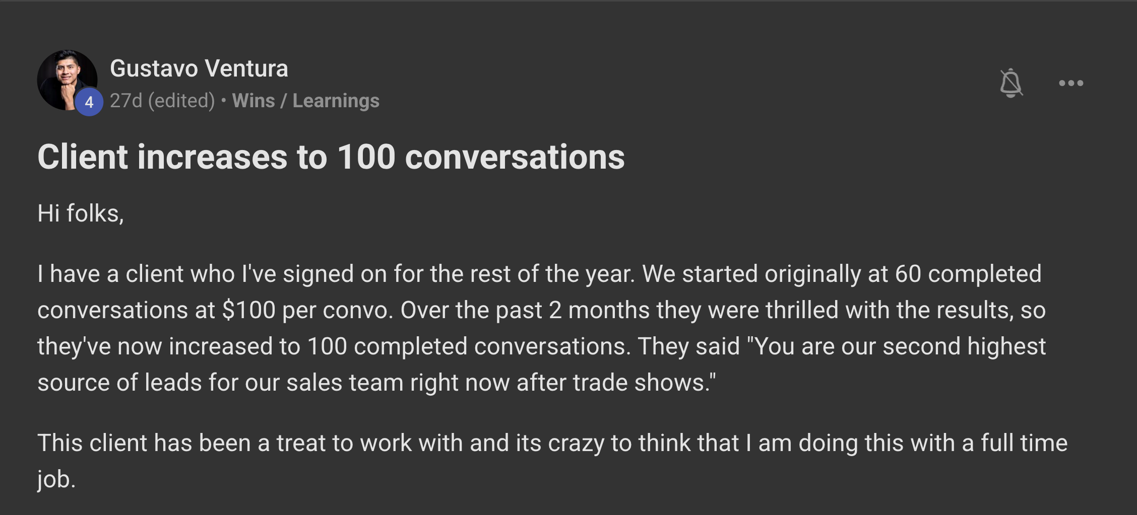 Gustavo Ventura: Client increases to 100 conversations