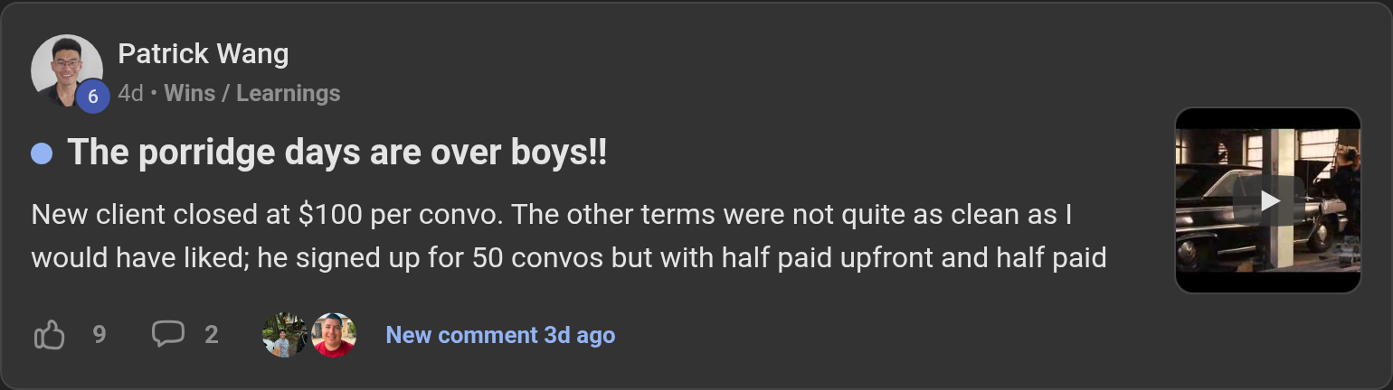 Patrick Wang: The porridge days are over boys!!